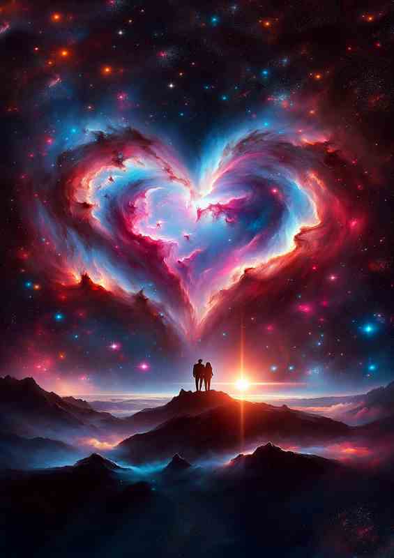 Love Heart Nebula Couple Painting on the mountain top | Metal Poster