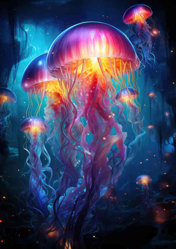 Bright Jellyfish in the night with glowing colors | Metal Poster
