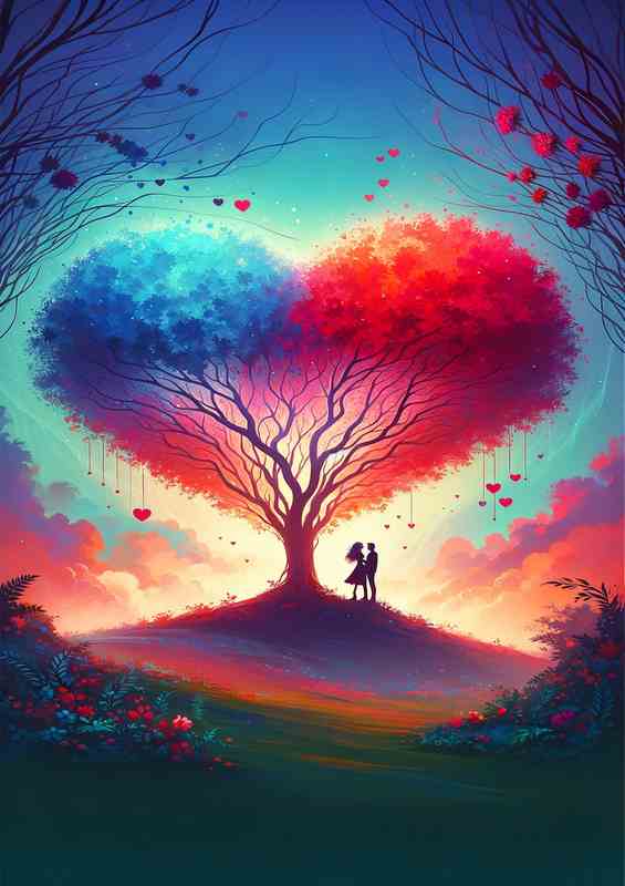 Romantic Couple Heart Tree Silhouette | Metal Poster