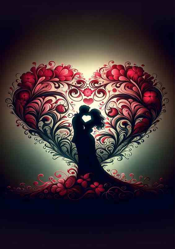 Romantic Silhouette Kiss Floral Heart shape love | Metal Poster