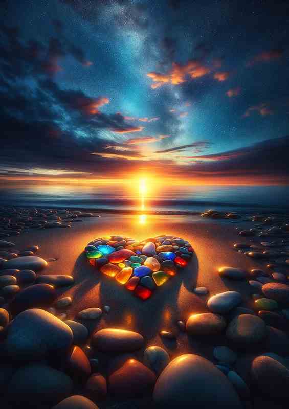 Twilight Beach Heart Stones Glowing love | Metal Poster