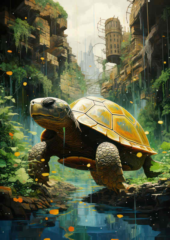 Giant Turtle Walking Across The River Bed | Metal Poster