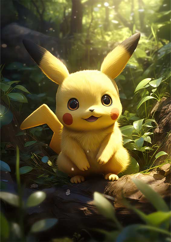 pikachu in the grass outdoors with sunlight | Metal Poster