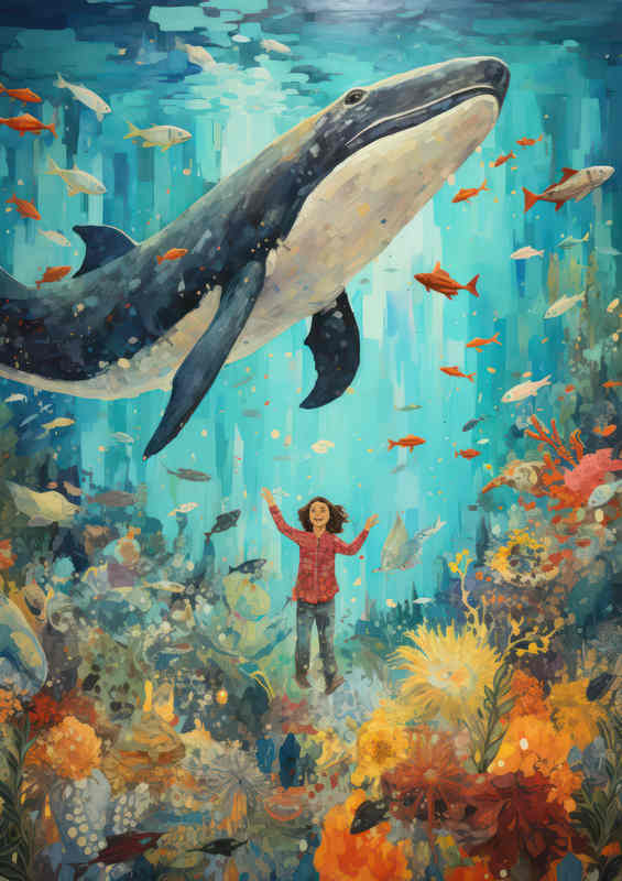 Girl Underwater Whlae Swimming Above | Metal Poster