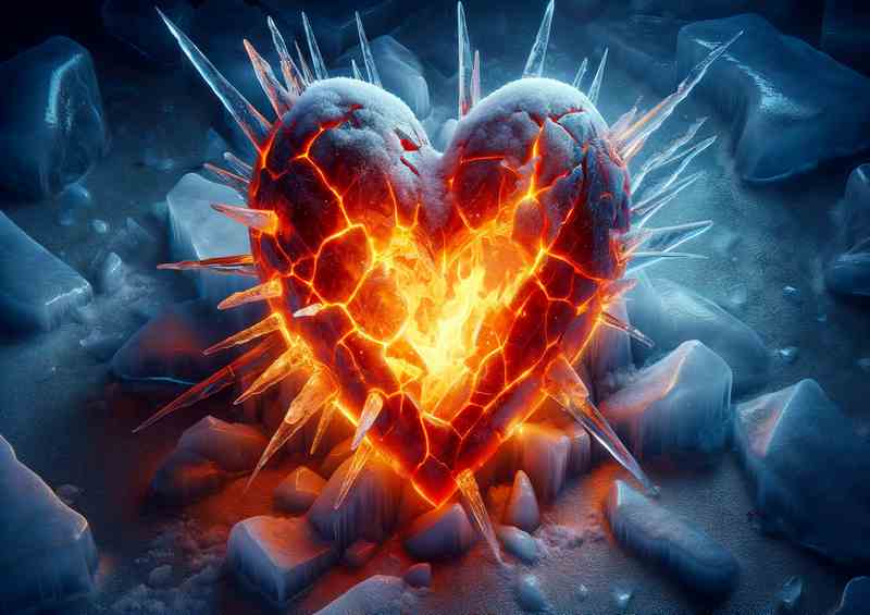 Fiery Love Ice Heart Metal Poster Encased