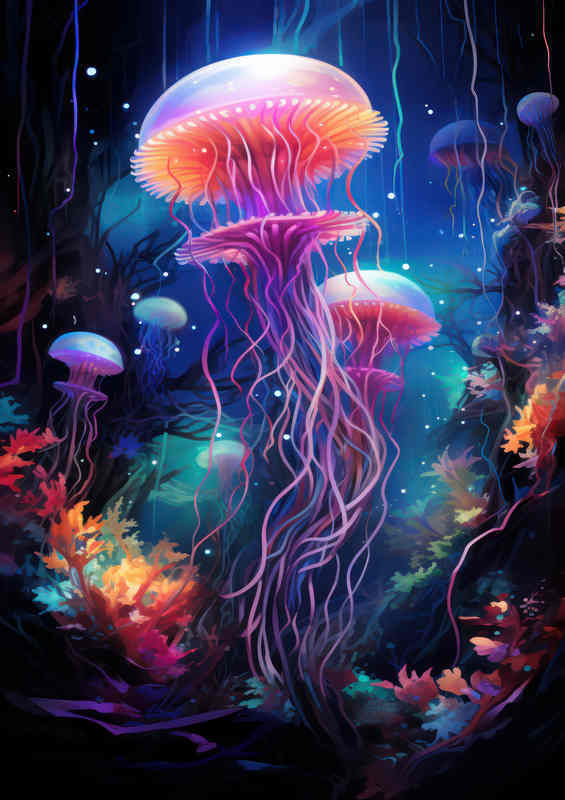 Jellyfish at night on the coral floor | Metal Poster