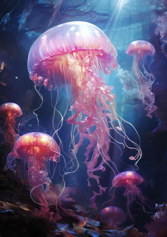 Jellyfish coming up into the sunlight form the sea | Metal Poster