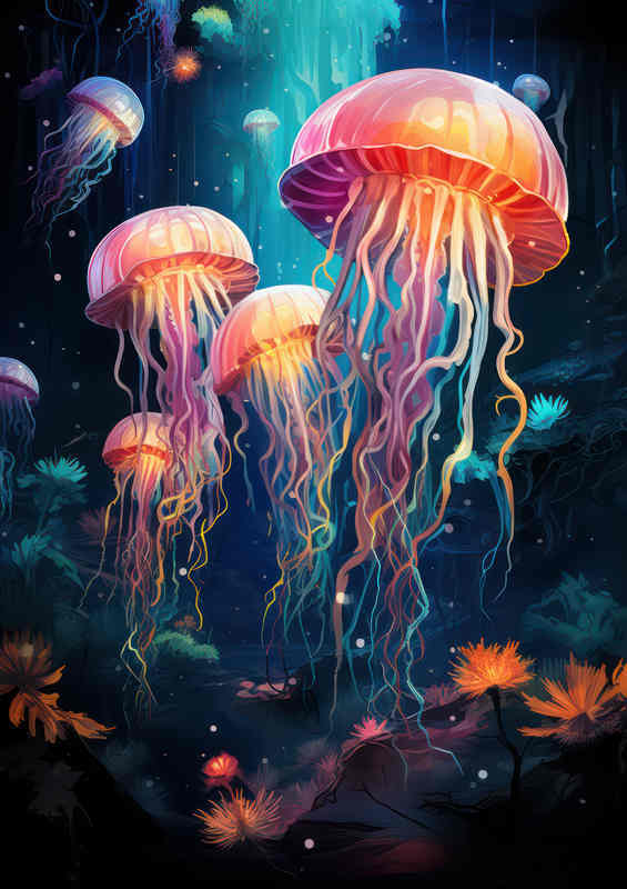 Jellyfish is depicted Corel and colourful fish | Metal Poster