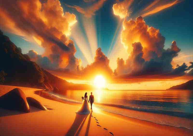 Romance Wedding Couple Beach Walk at sunset | Metal Poster