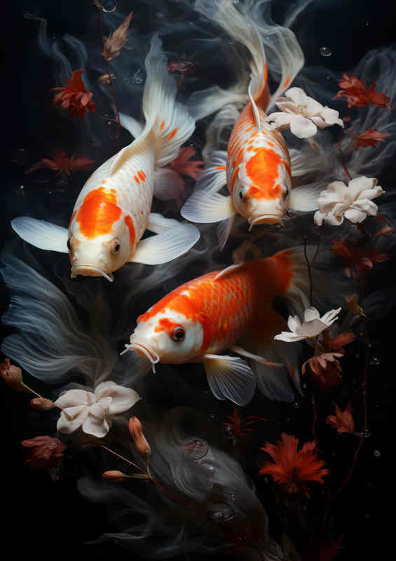Koi Carp swimming amongst the water lillys | Metal Poster