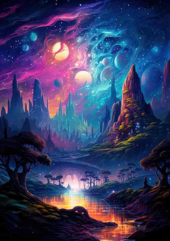 Whimsical Worlds mountains and moonlit skies | Metal Poster