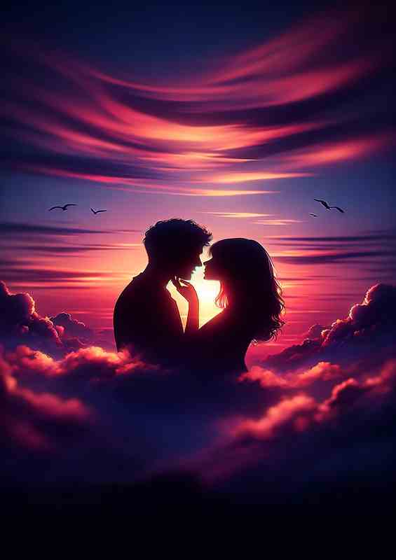 Sunset Silhouette Metal Poster Intimate Love Close Up