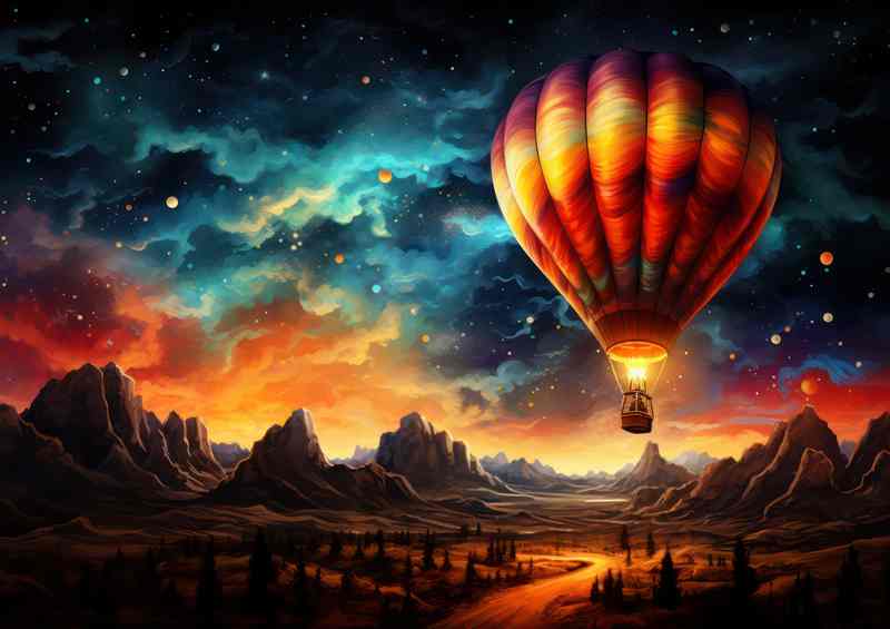 Celestial Starry Night Overcast with hot air ballon | Metal Poster