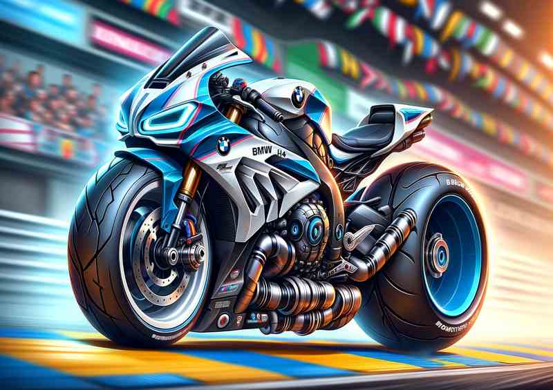 Cartoon BMW HP4 Motorcycle Art | Metal Poster