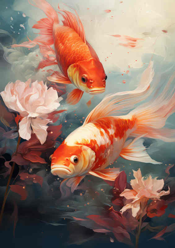 Koi Swimming In Water Surrounded By Lillys | Metal Poster