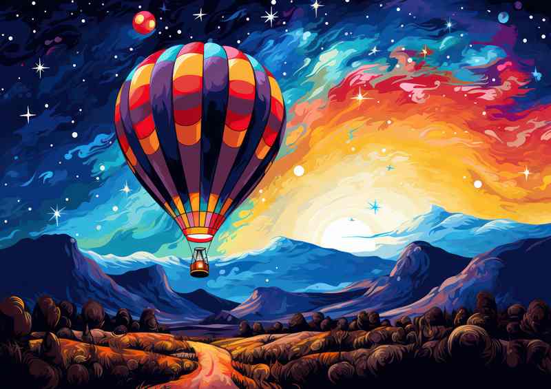 Hot air baloon in the blue sky in the mountains | Metal Poster