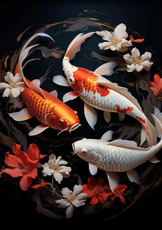 Koi fish with lilly flowers in the water | Metal Poster