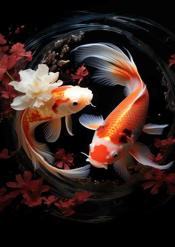 Koi swimming elegantly in the pond with flowers | Metal Poster