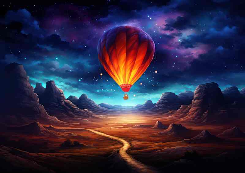 hot air ballon the dusk sky surrounded by mountains | Metal Poster