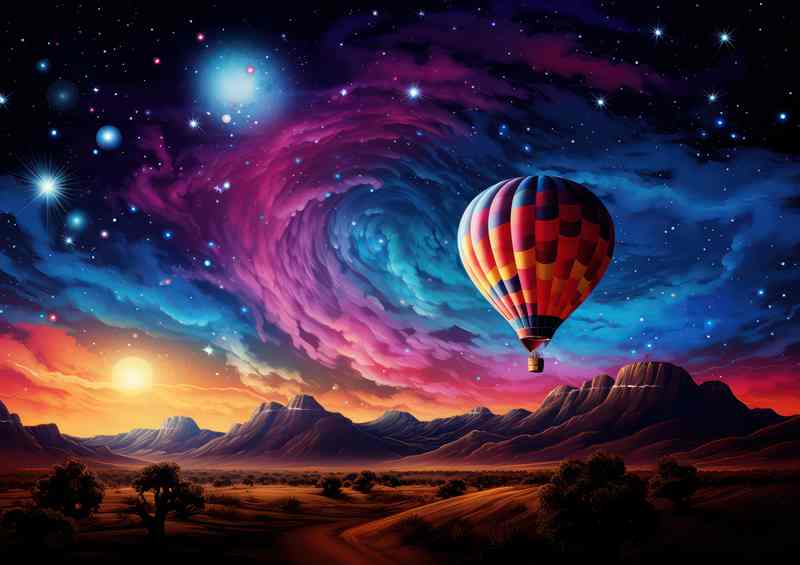 hot air baloon in the desert by mountains | Metal Poster