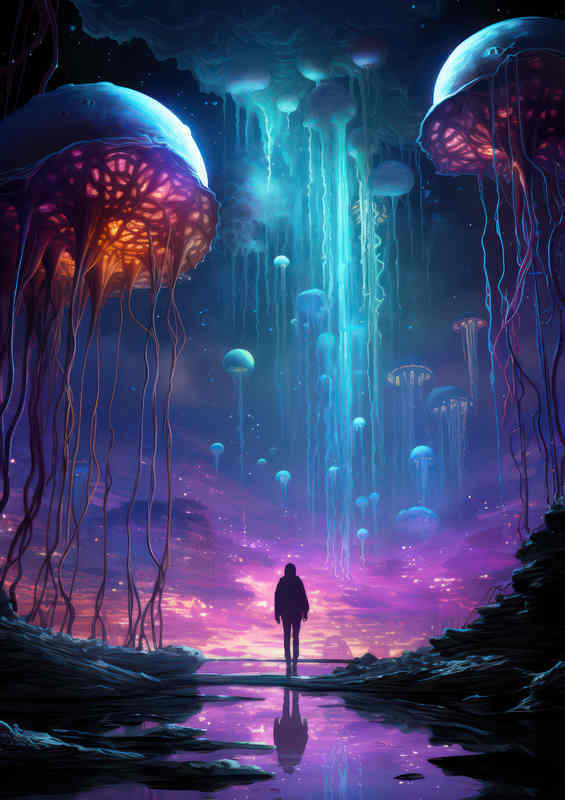 Man surrounded by giant Jellyfish in the sky | Metal Poster