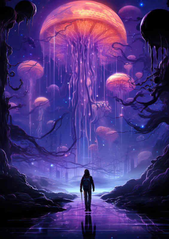 Man walking on a planet with_an enormous jellyfish | Metal Poster