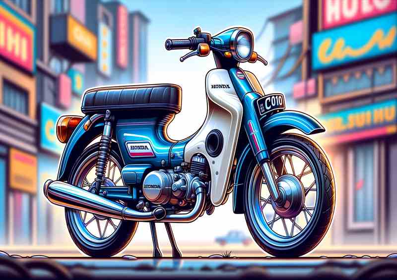 Cool Cartoon Honda C100 Super Cub Motorcycle Art | Metal Poster