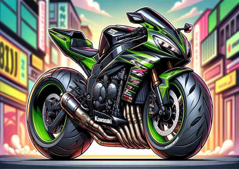 Cool Cartoon Kawasaki ZZR600 Motorcycle Art | Metal Poster