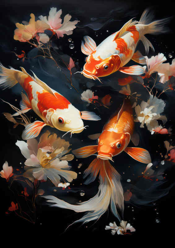 Painted style Koi with Water flowers | Metal Poster