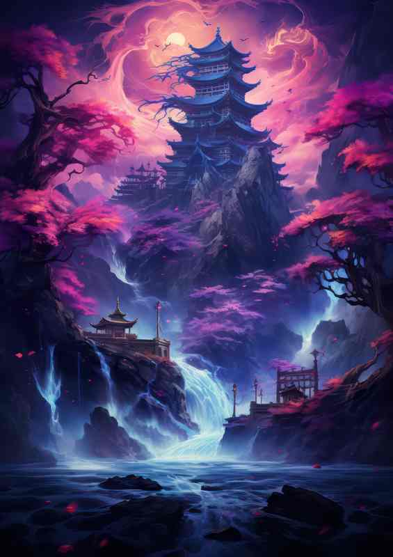 Japanese Waterfall Landscape Metal Poster