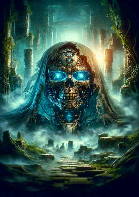 Cybernetic Skull Entity in Misty Ruins | Metal Poster