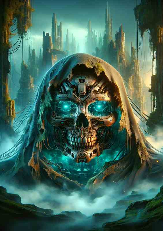 Cyber Skull in Ruined Mist: Metal Poster