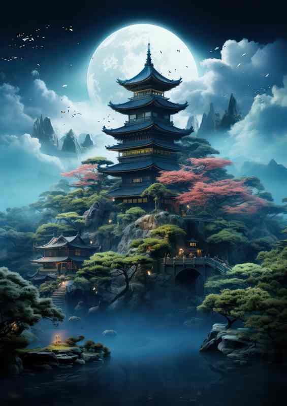 Japanese castle over the moon nestled in trees | Metal Poster