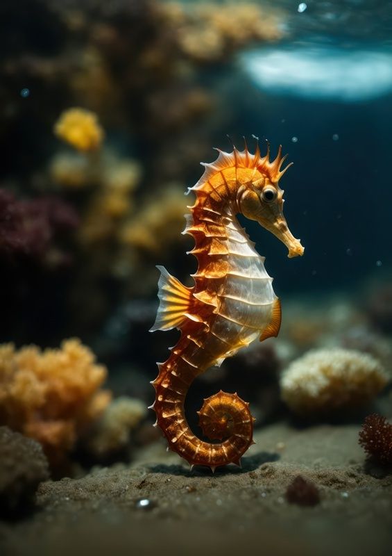 Single Seahorse on the ocean floor in the sea | Metal Poster