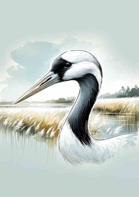 Elegant Crane in Tranquil Marsh | Metal Poster