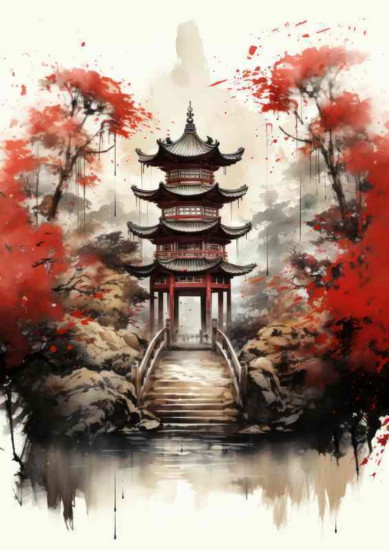 Japanese temple of tori gate watercolor artwork | Metal Poster