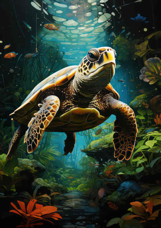 Swimming Turtle majestically in the clear waters | Metal Poster