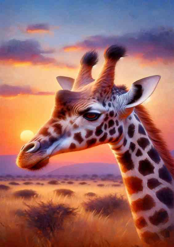 Giraffe in Savannah Sunset Oil Painting style | Metal Poster
