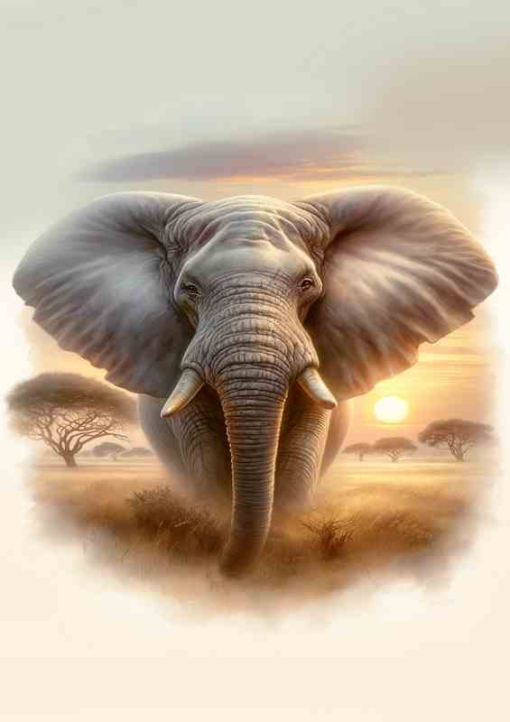 Graceful Elephant Serene Savannah Sunrise | Metal Poster