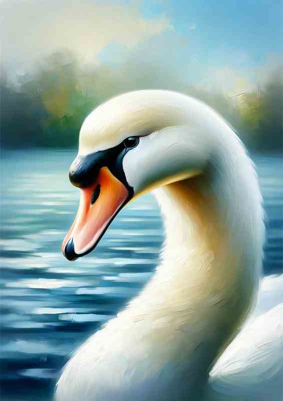 Graceful Swan in Serene Lake Oil Painting look | Metal Poster