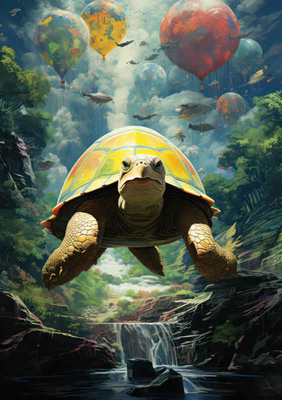 Turtle flying above the river surreal art style | Metal Poster