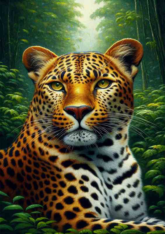Leopard in Lush Greenery Oil Painting look | Metal Poster