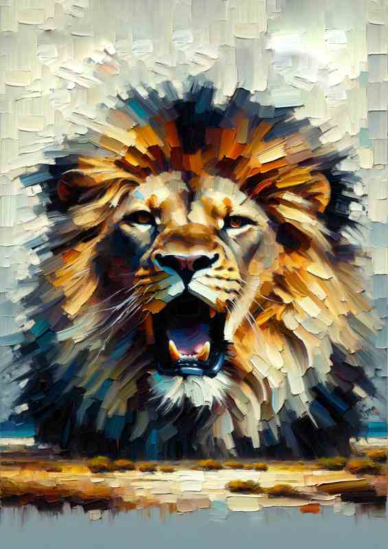 Lion Roar head in the style Palette Knife Oil Artwork | Metal Poster