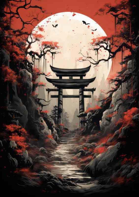 Rising Sun Gates Ink Washed Torii Journey | Metal Poster