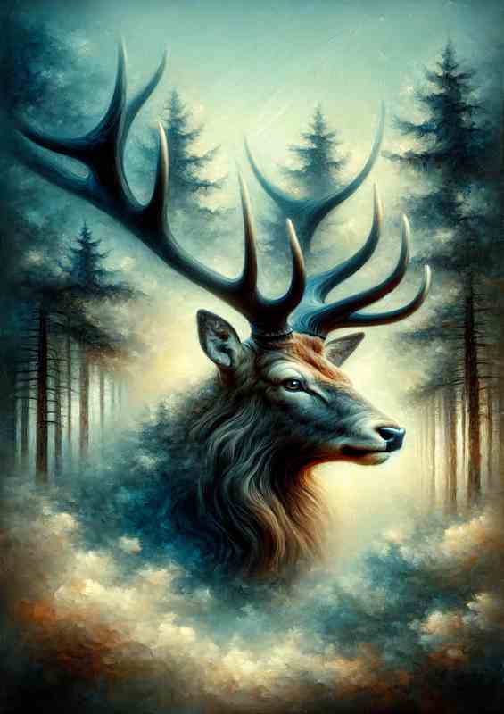 Misty Forest the head of a magnetic stag | Metal Poster
