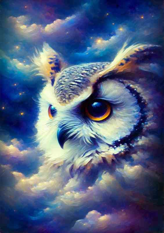 Mystical Owl Gaze head Impressionist Night Sky | Metal Poster