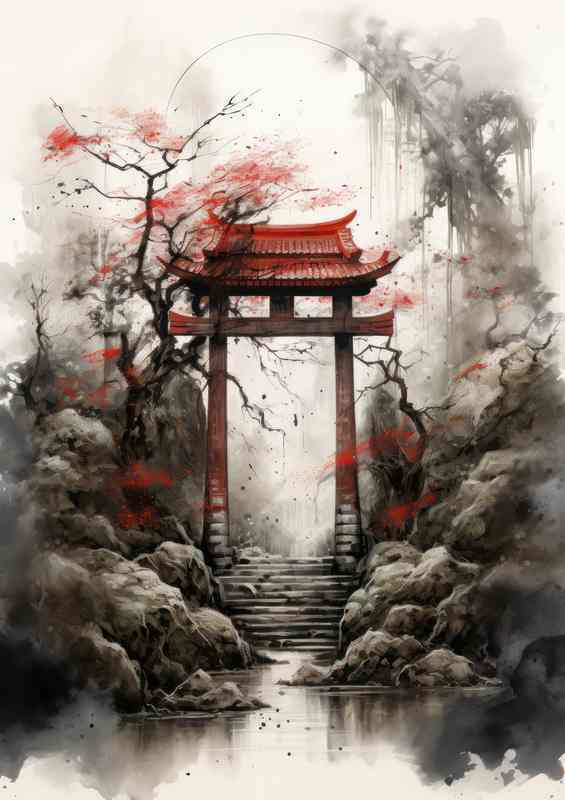 Torii Tapestry Japans with trees in Watercolor Wonders | Metal Poster