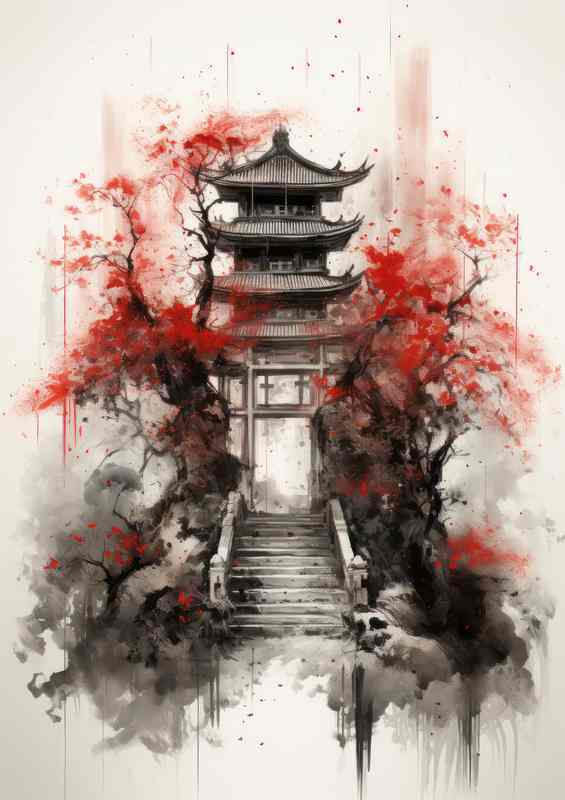 Torii Tranquility Japans Spiritual Ink Art with trees | Metal Poster