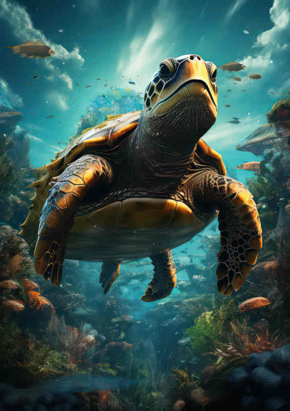 Turtle swimming in amongst the coral bed | Metal Poster