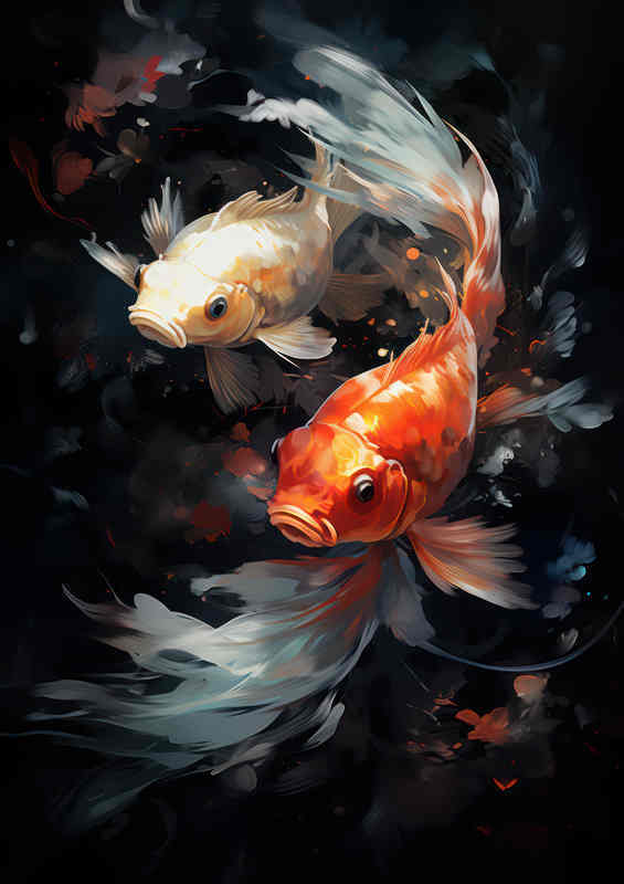 Two Koi Painted style white and reds colours | Metal Poster